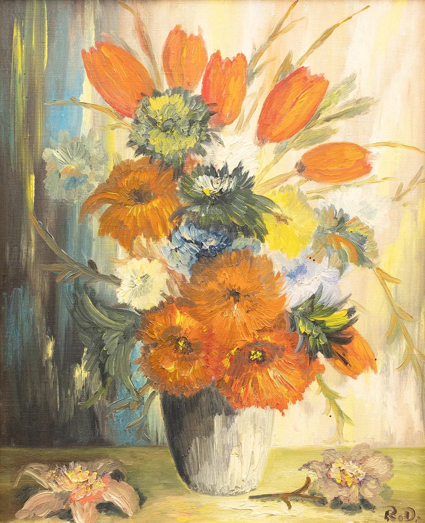 OIDENTIFIERAD KONSTNÄR. Stilleben, olja på duk, otydligt signerad. — Paintings — Garpenhus Auktioner