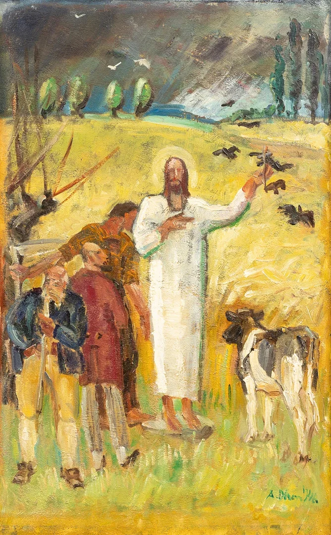 ANDERS OLSON (1880-1955). Uppenbarelse, olja på pannå, signerad och daterads 1946. — Paintings — Garpenhus Auktioner
