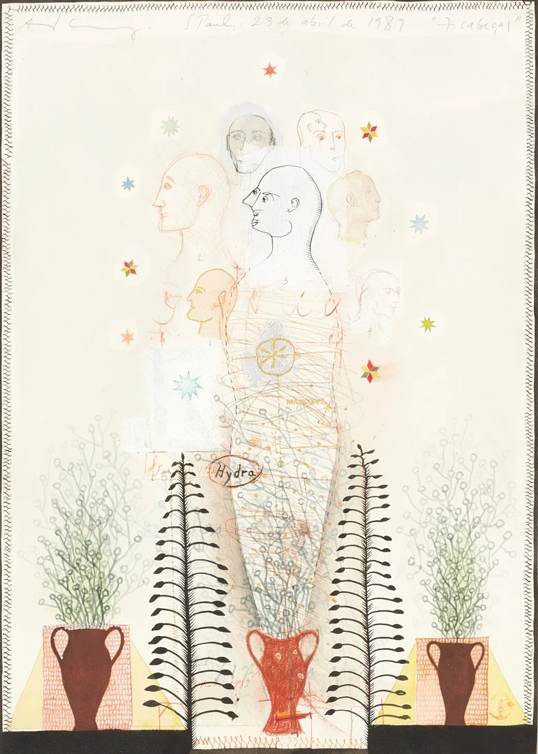 OIDENTIFIERAD KONSTNÄR. "7 cabeças", signerad, daterad 1989, blandteknik på papper. — Paintings — Crafoord Auktioner Stockholm