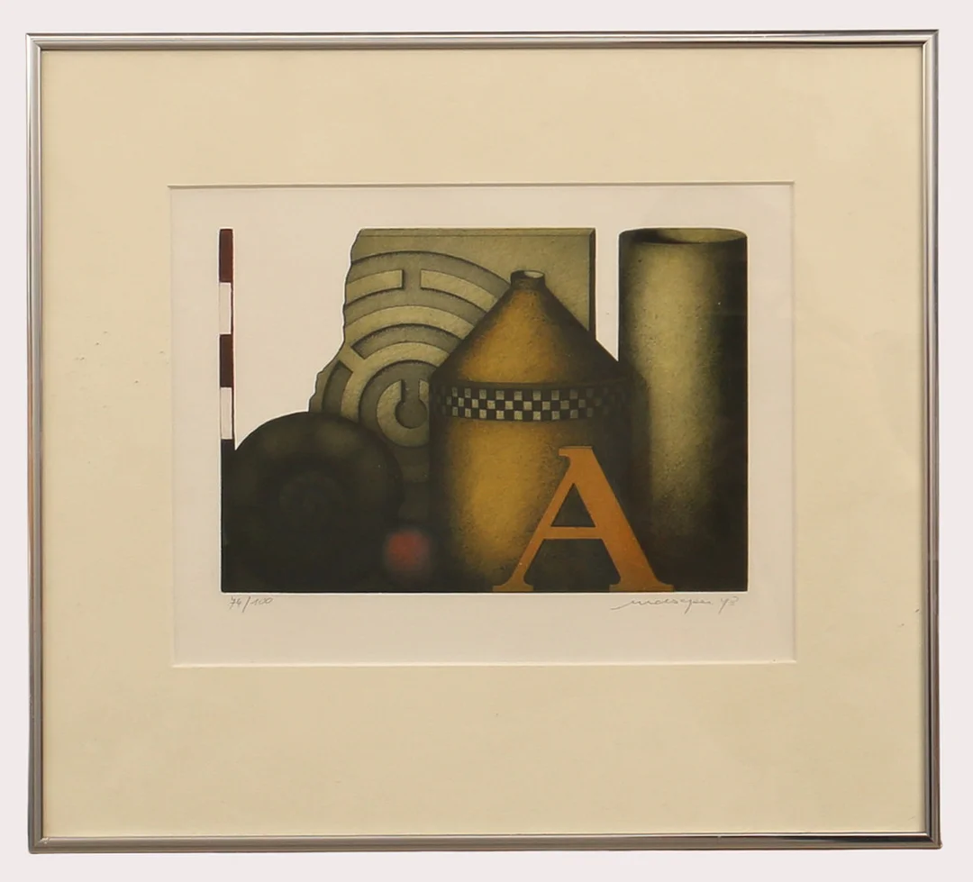 FRIEDRICH MECKSEPER. Färgetsning, komposition med bokstaven A, numrerad 74/100 signerad, daterad 1978. — Engravings & Prints — Limhamns Auktionsbyrå