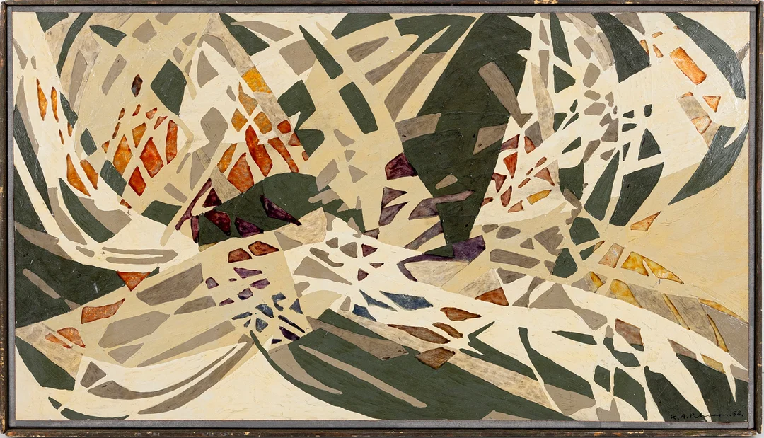 KARL AXEL PEHRSON. Abstrakt motiv, mixed media /glasmålning, signerad och daterad -58. — Paintings — Auktionshuset Kolonn