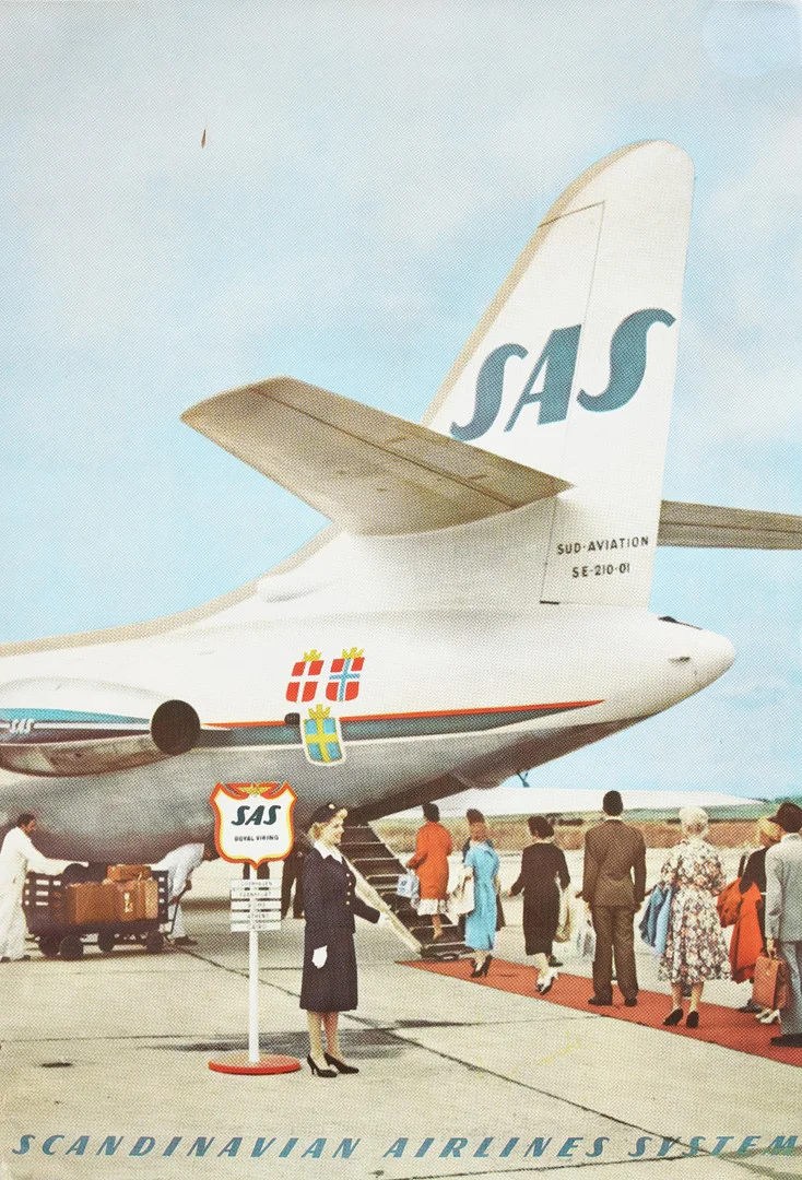 AFFISCH, Scandinavien Airline Systems, "SAS Sud Aviation SE 210 Caravelle", 1960-tal. — Advertising & Signs — Stockholms Auktionsverk Sickla
