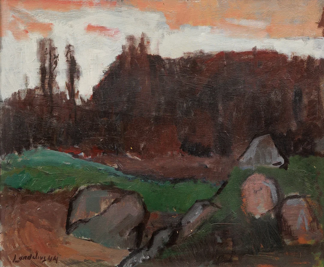 BERTIL LANDELIUS. Skogslandskap, olja på pannå, signerad. — Paintings — Garpenhus Auktioner