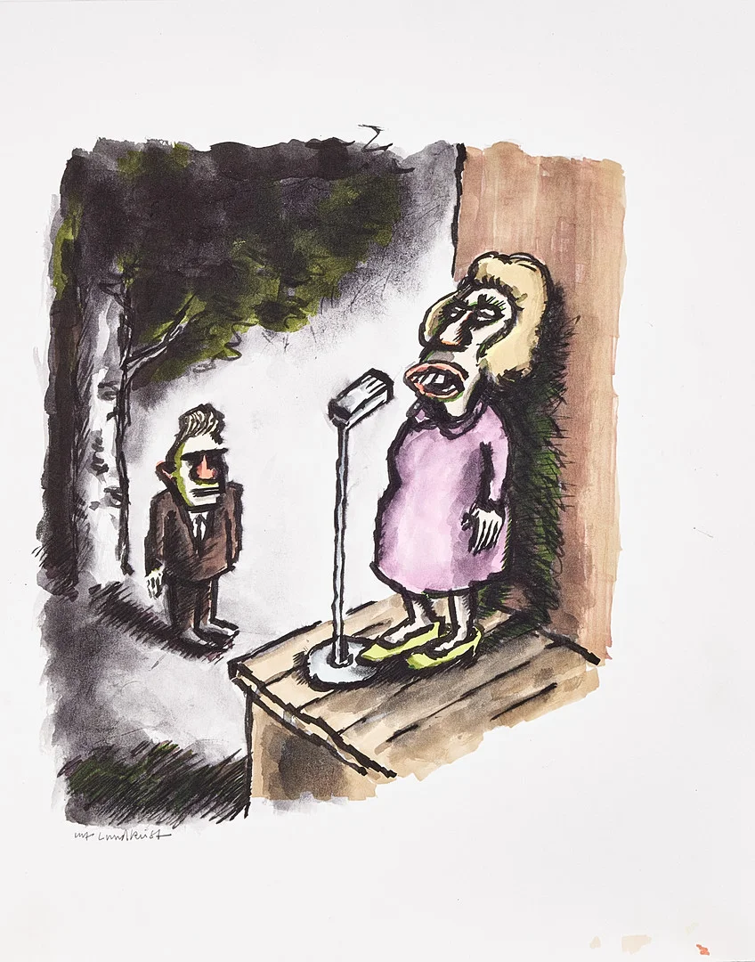 ULF LUNDKVIST. (Född 1952) "Arne i parken", 2023, signerad, tusch och bläck. — Paintings — Stockholms Auktionsverk Magasin 5