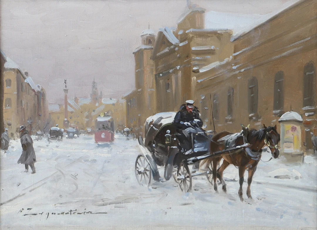 IGNACY ZYGMUNTOWICZ. Stadsmotiv Warszawa, olja på duk, signerad. — Paintings — Helsingborgs Auktionskammare