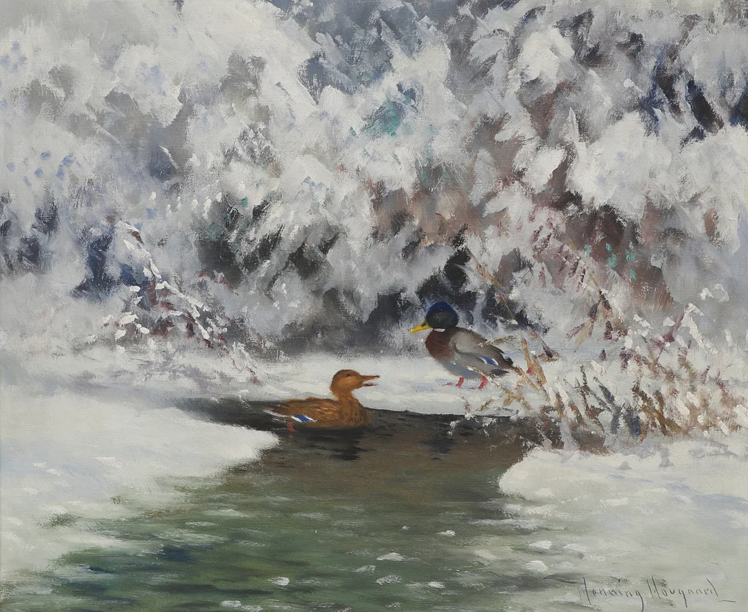 HENNING HOUGAARD. Olja på duk, vinterlandskap med gräsänder, signerad. — Paintings — Ekenbergs Auktioner