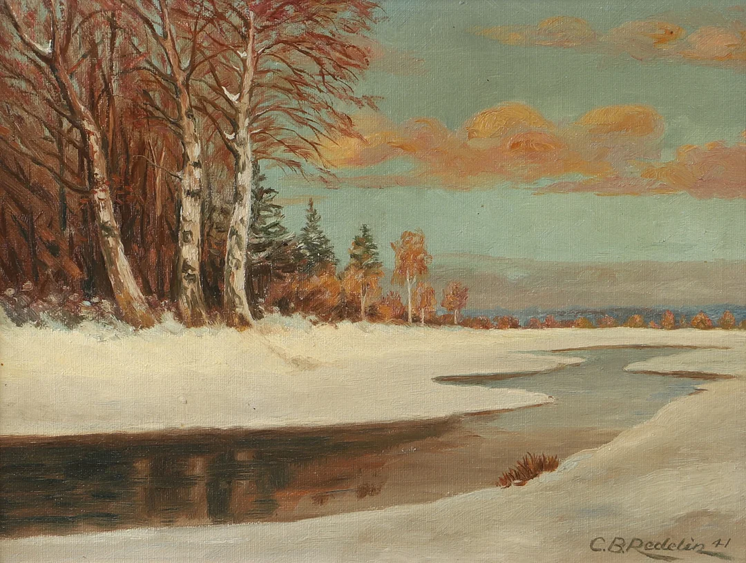 OIDENTIFIERAD KONSTNÄR. Vinterbäck, olja på duk, signerad C.B. Redelin. — Paintings — Helsingborgs Auktionskammare