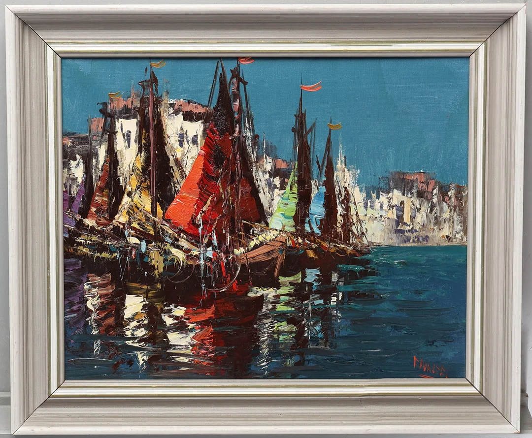 OIDENTIFIERAD KONSTNÄR Hamn med båtar, olja på duk. — Paintings — Gomér & Andersson Jönköping
