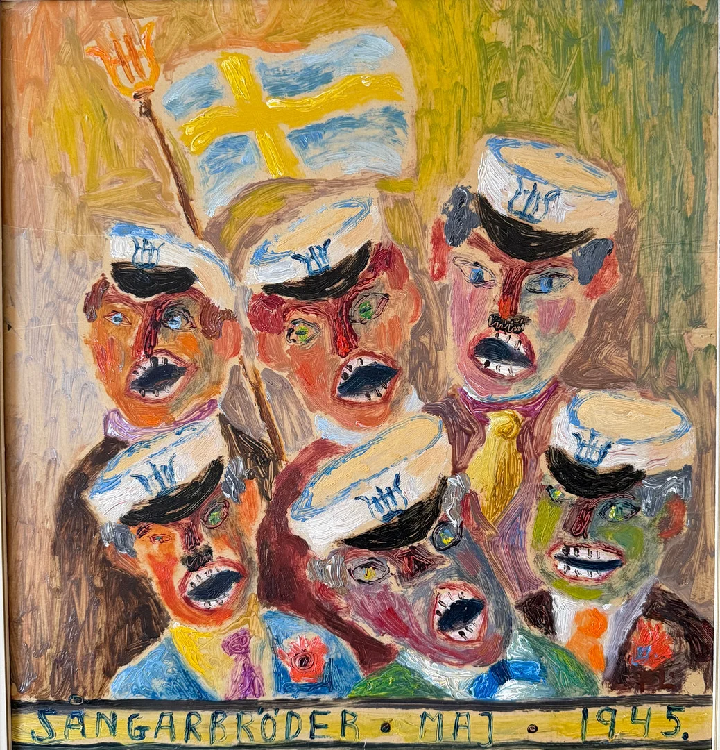 FRANS LARSSON. "Sångarbröder Maj 1945" Olja på pannå. — Paintings — Auktionshuset STO Bohuslän