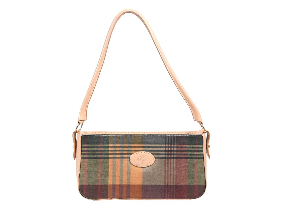 VÄSKA, MULBERRY, rutigt canvas, beige läder, 29x15x6 cm, fläckar på läder, dustbag. — Accessoarer/Väskor — Kaplans