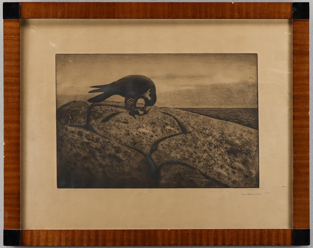 IVAN HUMBLA. rovfågel på klippa, mjukgrundsetsning, signerad och daterad -22. — Engravings & Prints — Karlstad Hammarö Auktionsverk