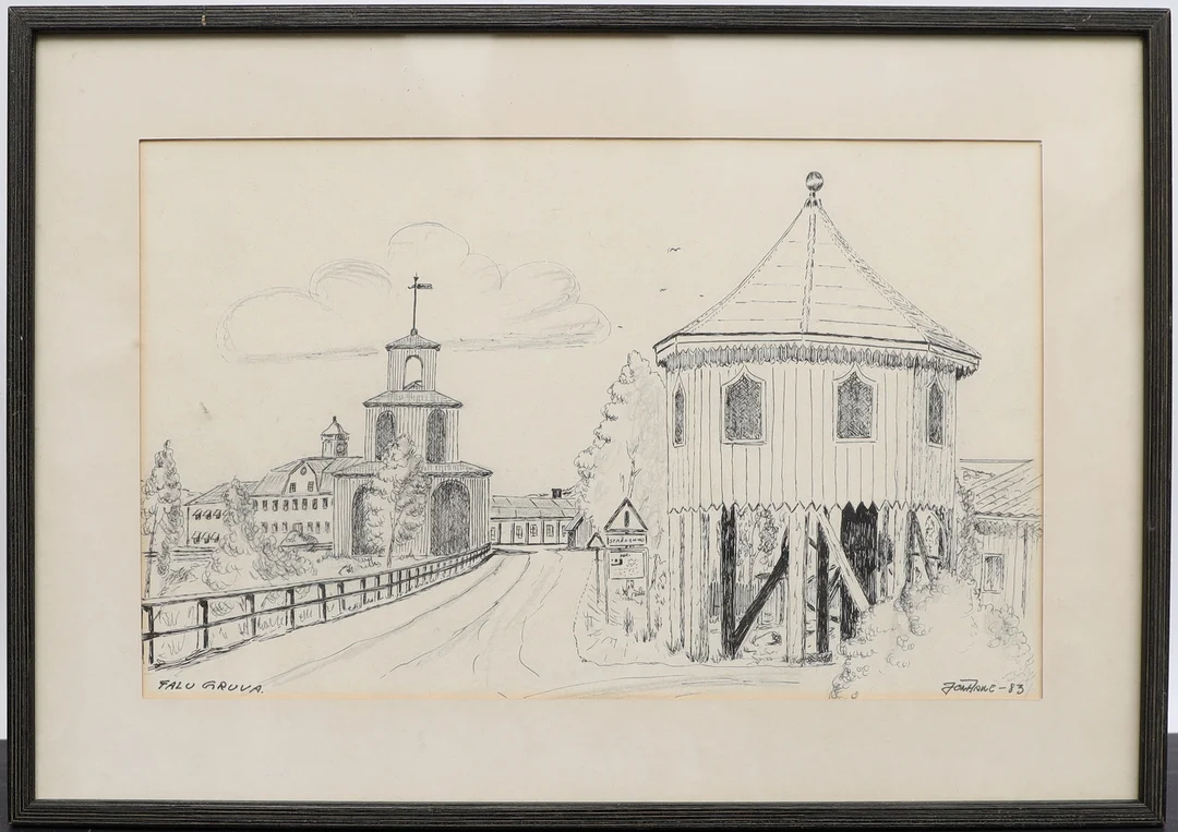 OIDENTIFIERAD KONSTNÄR. Motiv från falu gruva, teckning, otydligt signerad daterad 83. — Paintings — Falun Auktionsbyrå