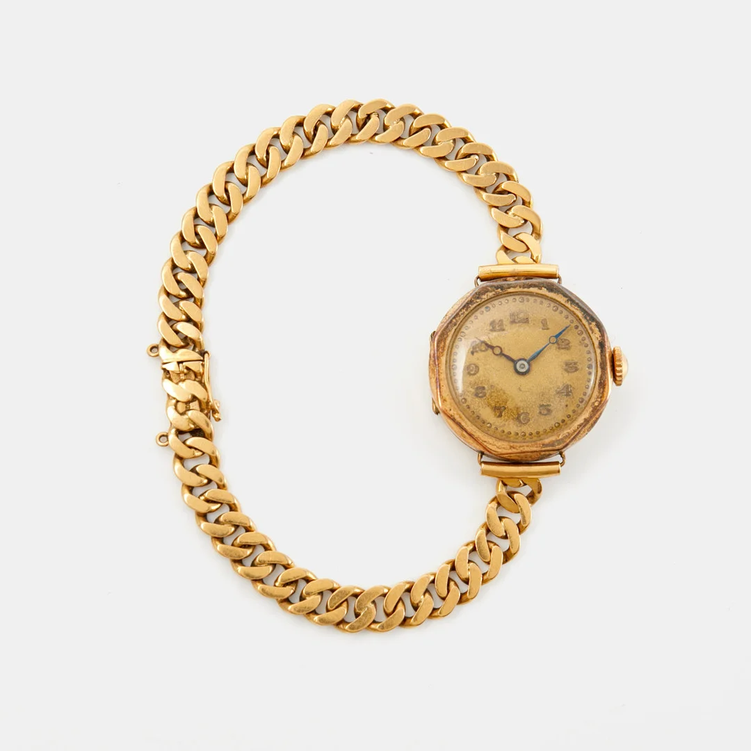 ARMBANDSUR, boett i 14 guld, 23 mm, länk i 18 k guld, 1920-tal. — Wristwatches — Stockholms Auktionsverk Sickla