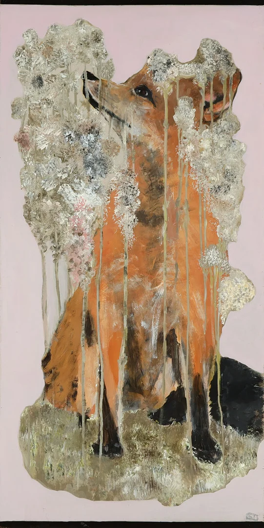 GITTE DAN 20/21 ÅRH. Motiv med ræv 'Et øjeblik', akryl og farvepigment på plade, signeret og dateret 2018. — Paintings — Palsgaard Kunstauktioner