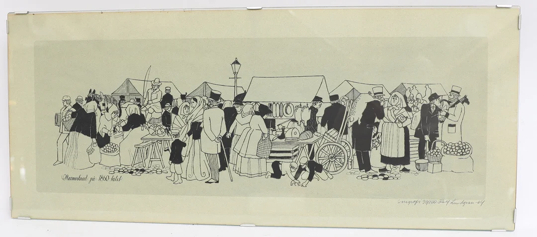 ROLF LINDGREN. Marknad på 1860-talet, litografi, signerad och numrerad. — Engravings & Prints — Falun Auktionsbyrå