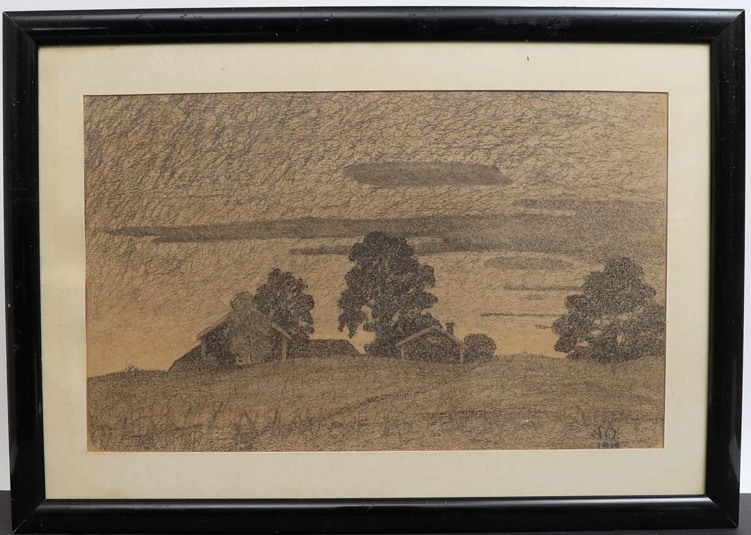 OIDENTIFIERAD KONSTNÄR. Teckning, motiv troligen från siljan, signerad AO och daterad 1919. — Paintings — Falun Auktionsbyrå
