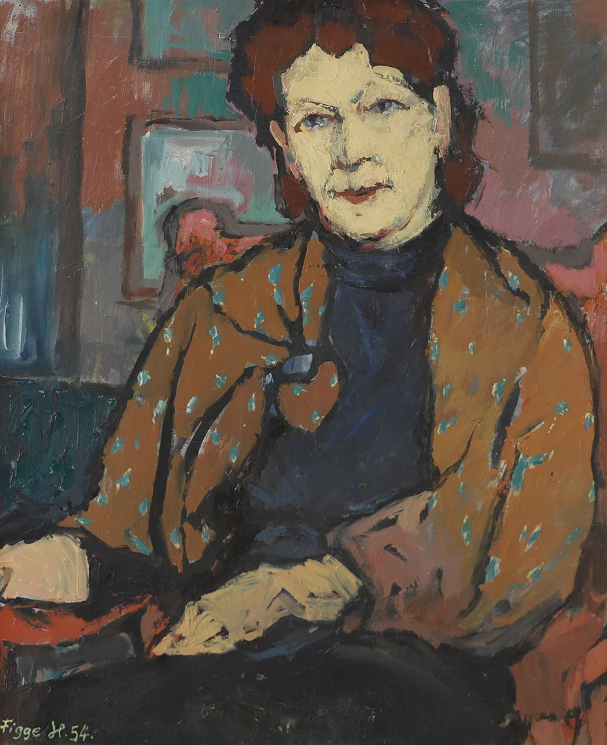 FIGGE HOLMGREN. Porträtt, olja på pannå, signerad Figge H. -54. — Paintings — Helsingborgs Auktionskammare