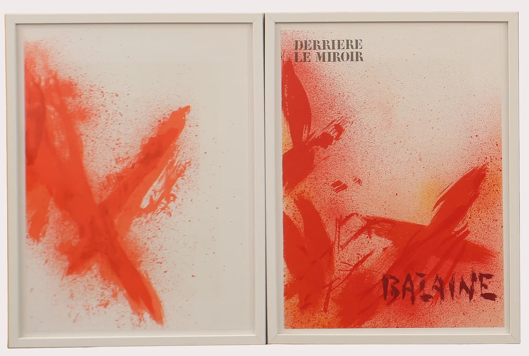 jean bazaine Efter, litografier ur Derriere Le Miroir, kompositioner i rött/orange ,nr 215, år 1975. 2 stycken. — Engravings & Prints — Limhamns Auktionsbyrå