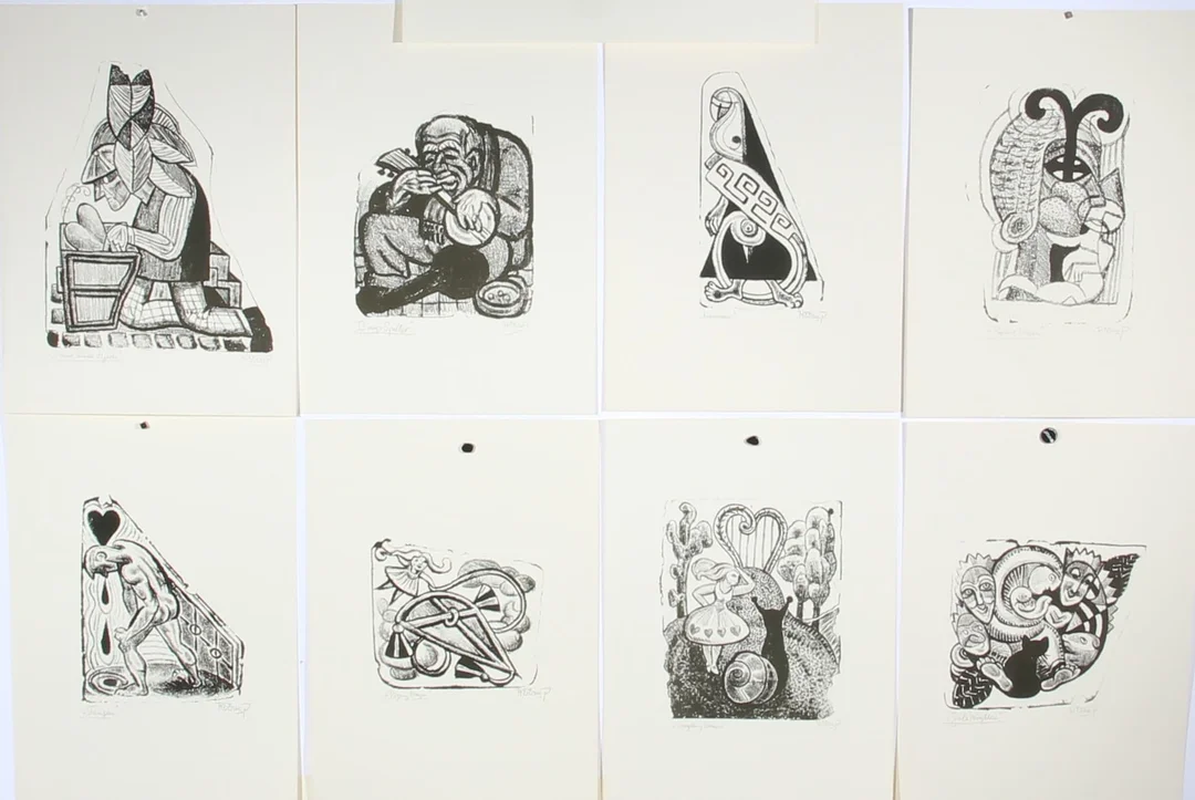 Henry Heerup. 'Man finds heart' and others. A total of 11 lithographic prints. (11) — Paintings and sculptures/Prints and photography — Lauritz