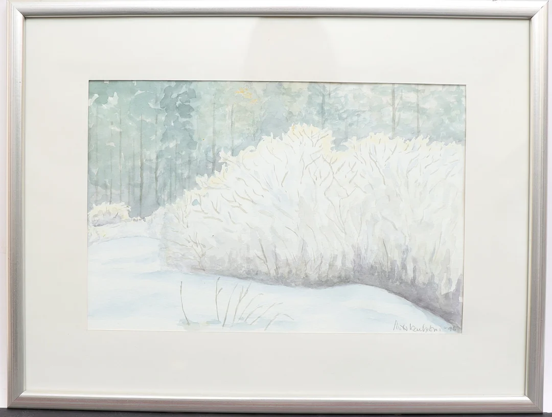 OIDENTIFIERAD KONSTNÄR. Vinterlandskap, akvarell, otydligt signerad och daterad 96. — Paintings — Falun Auktionsbyrå