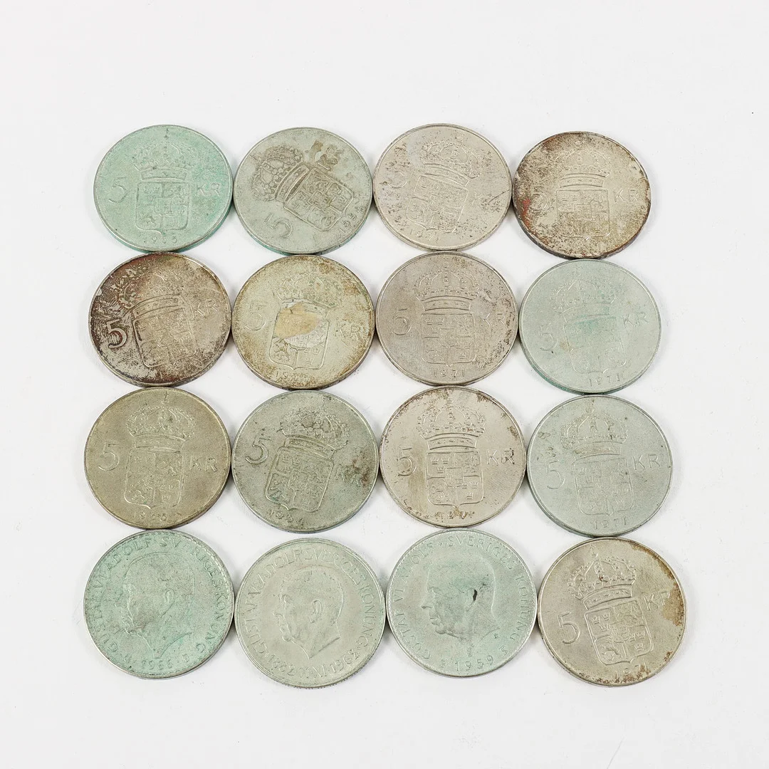 MYNT Sverige, 16 stycken 5-kronor, 1954-1971. — Coins & Banknotes — Karlstad Hammarö Auktionsverk