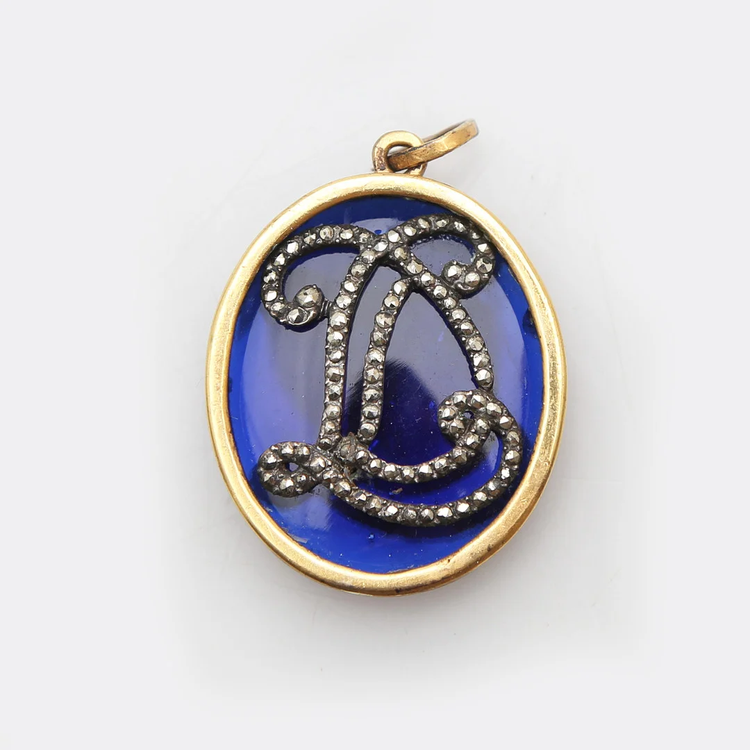 Brass locket with blue glass plaques and marcasites inlay, 19th Century. — Brooches & Pendants — Balclis