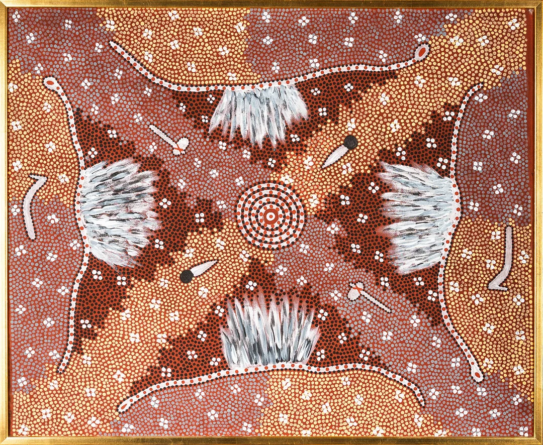 DICK LECHLEITNER TJAPANANGKA. TILLSKRIVEN. Sandmålning på duk, "Mans dreaming", 1900-tal. — Paintings — Norrlands Auktionsverk