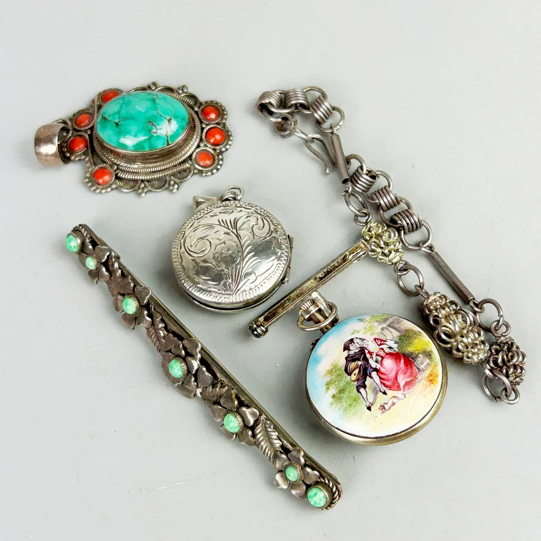 VICTORIAN SILVER AND ENAMELLED FOB WATCH, ETC. — Jewellery — Chalkwell Auctions