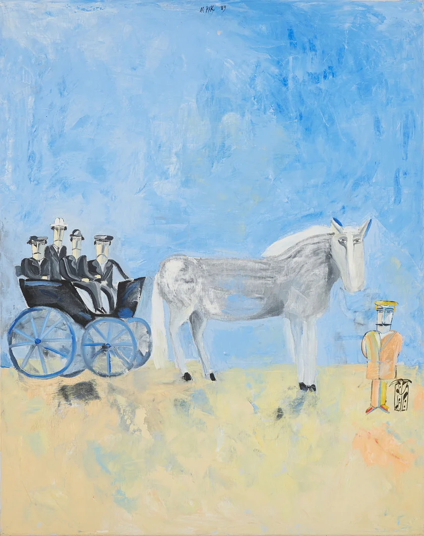 MADELEINE PYK. Komposition med hästdroska, signerad och daterad -89, olja på duk. — Paintings — Stockholms Auktionsverk Magasin 5
