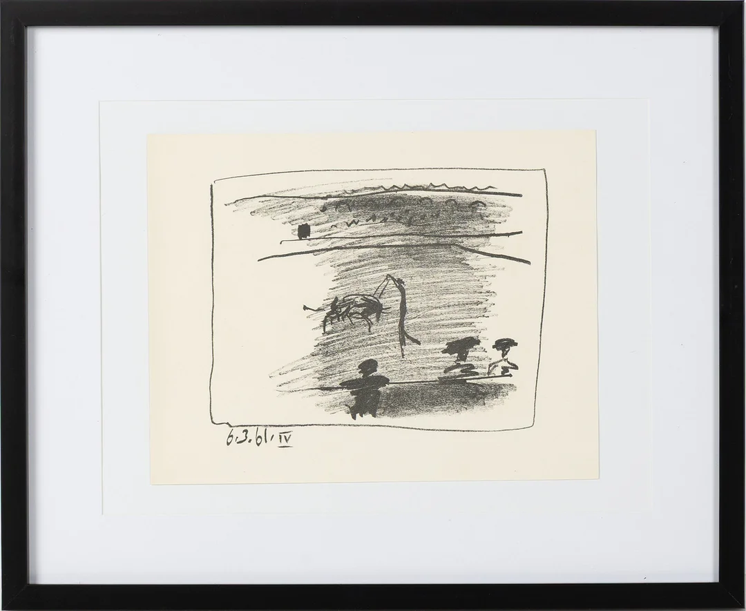 PABLO PICASSO. "Les Banderilles", originallitografi, ur "A los Toros avec Picasso", daterad i trycket 6.3.61. — Engravings & Prints — Stockholms Auktionsverk Helsingborg