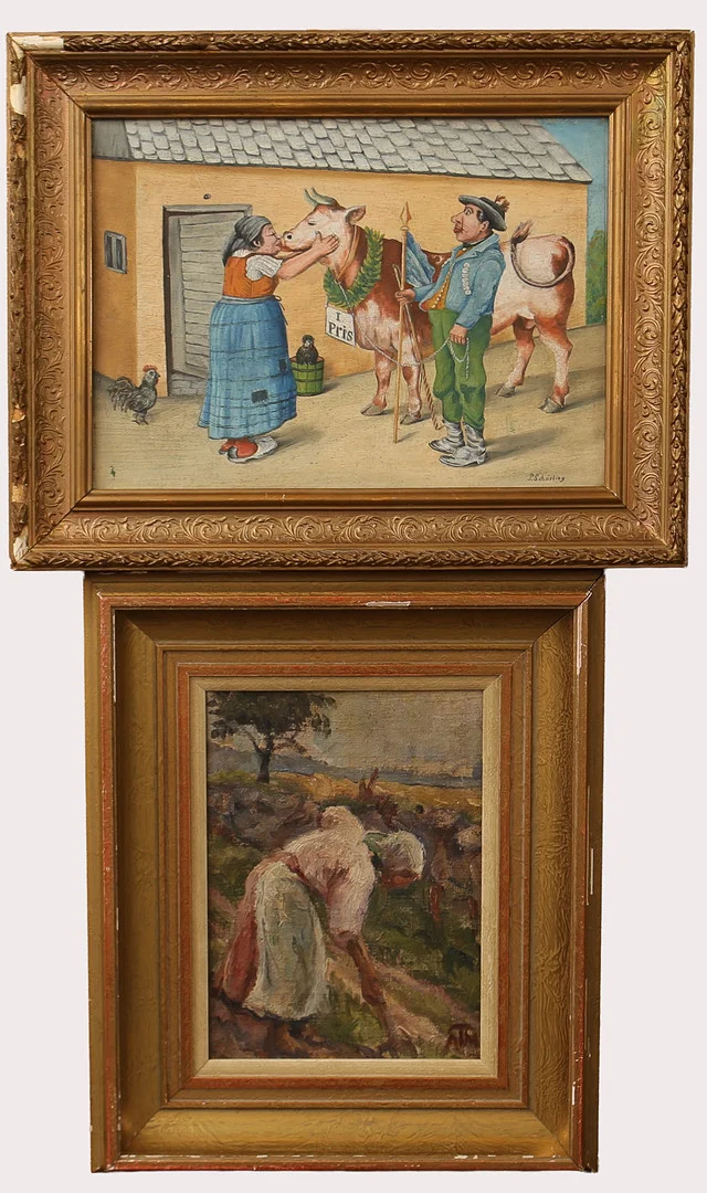 OIDENTIFIERAD KONSTNÄR. olja på duk/pannå, bondmotiv signerade ATM, respektive P. Schörling, 2st. — Paintings — Limhamns Auktionsbyrå
