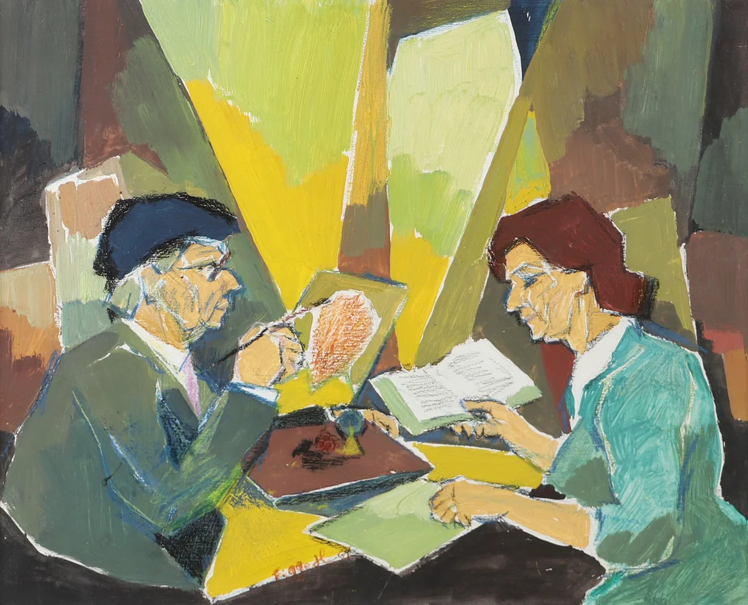 FIGGE HOLMGREN. Konstnären med fru, olja på pannå, signerad Figge H. — Paintings — Helsingborgs Auktionskammare