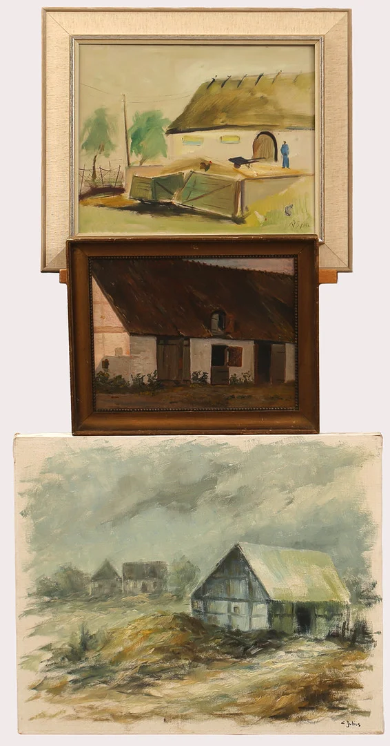 CARL JULIUS OCH HANS RIPA, olja på pannå/duk, 3st, skånegårdar. — Paintings — Limhamns Auktionsbyrå