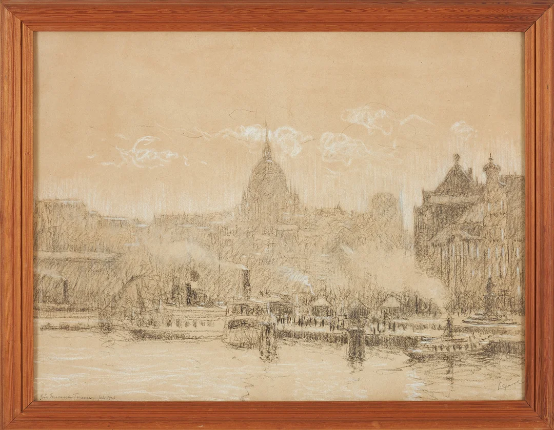 LOUIS SPARRE (1863-1964). Stockholmsmotiv, pastell och krita, signerad. — Paintings — Stockholms Auktionsverk Sickla