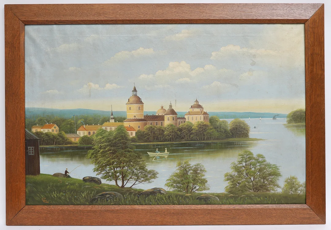 OIDENTIFIERAD KONSTNÄR. Landskap med gripsholmsslott, oljemålning på duk, monogramsignerad. — Paintings — Falun Auktionsbyrå