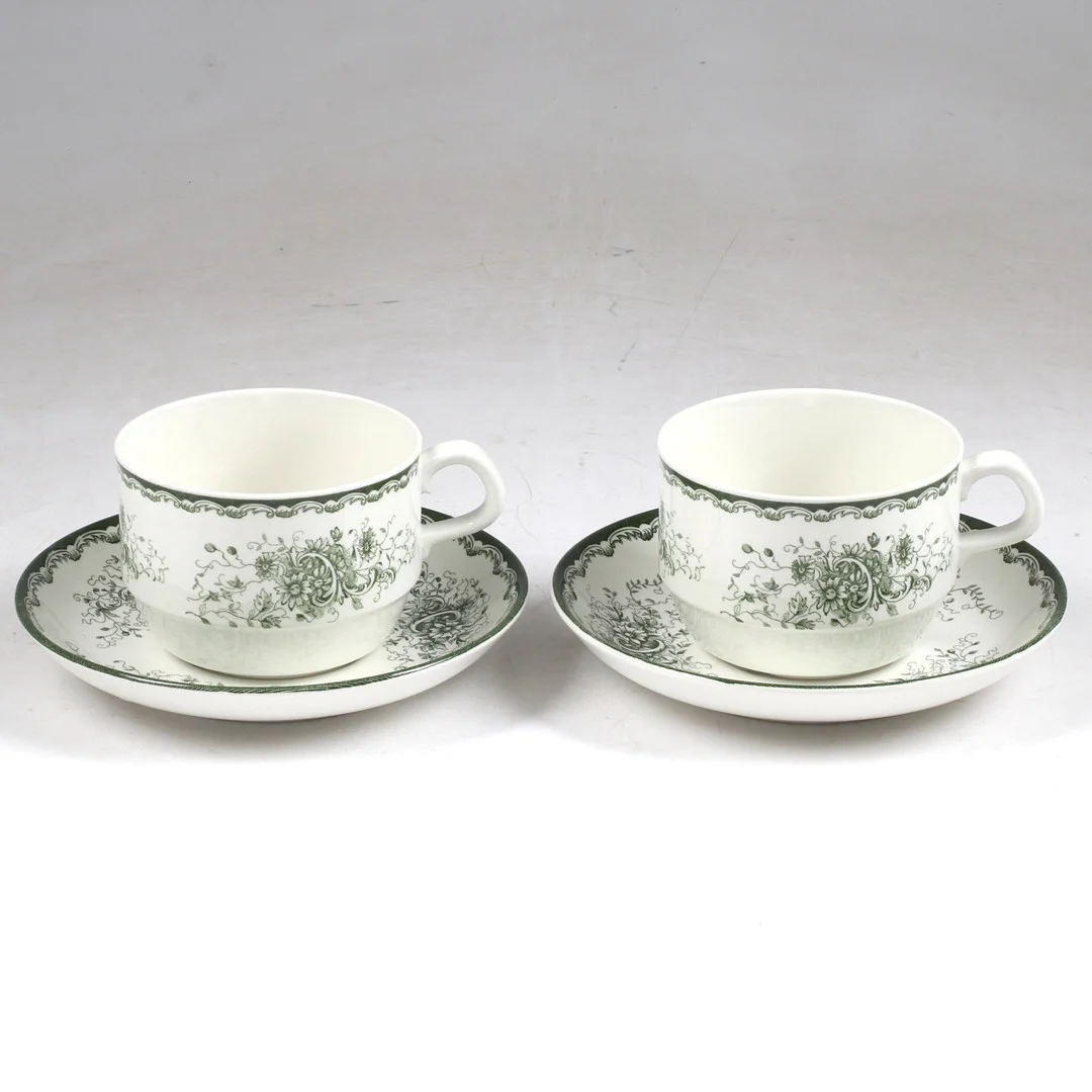 FRUKOSTMUGGAR, med fat, 2 st, "Grön Anna", porslin, Rörstrand. — Tableware — Stadsauktion Sundsvall