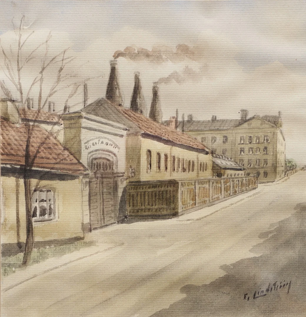 FRANS LINDSTRÖM. "Entrén till Rörstrands fabriker". Akvarell, signerad. — Paintings — Växjö Auktionskammare