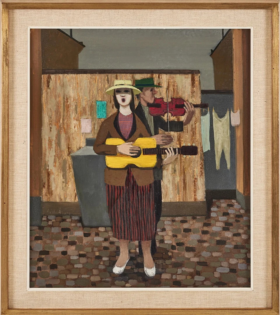 PELLE ÅBERG. Gatumusikanter, oljemålning på pannå, signerad. — Paintings — Stockholms Auktionsverk Magasin 5
