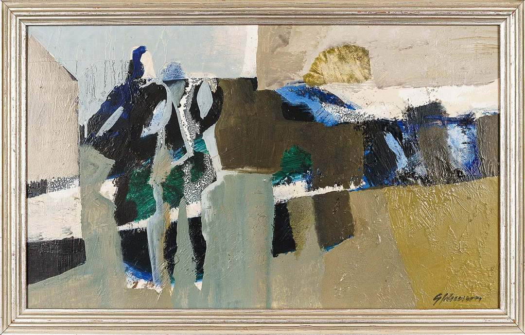GUNNAR JOHNSSON. Olja på pannå "Gatuscen" Signerad 1900-tal. — Paintings — Norrlands Auktionsverk