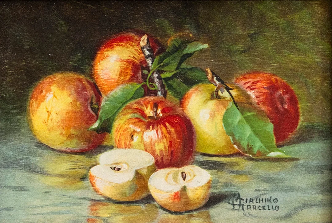 MARCELLO GIACHINO (1877-1929). Stilleben med äpplen, tryck, signerad. — Paintings — Auktionshuset Kolonn