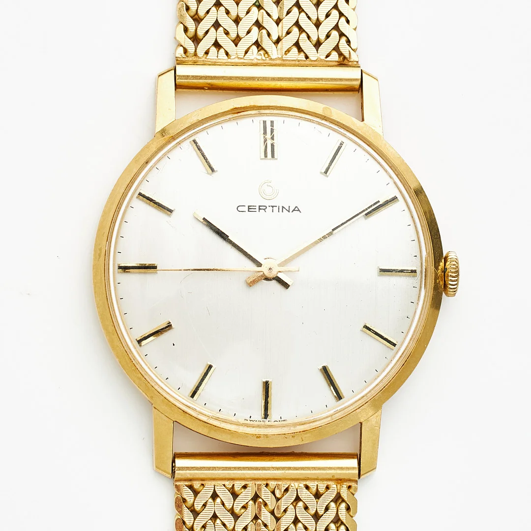 CERTINA, armbandsur, manuell, plexiglas, armband, 18 k guld, fantasilänk, Uno A Erre, Arezzo/Italien, italiensk samt svensk kontrollstämpel. — Wristwatches — Stockholms Auktionsverk Magasin 5