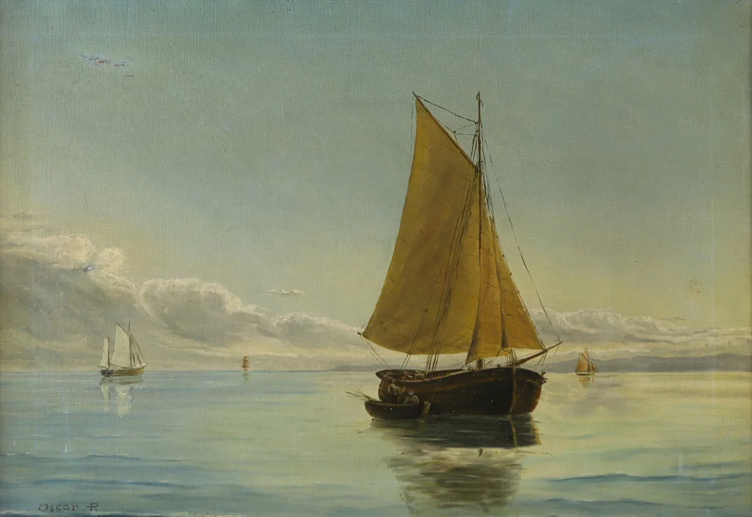 OIDENTIFIERAD KONSTNÄR. Skeppsmålning, olja på duk, signerad Oscar P. — Paintings — Helsingborgs Auktionskammare