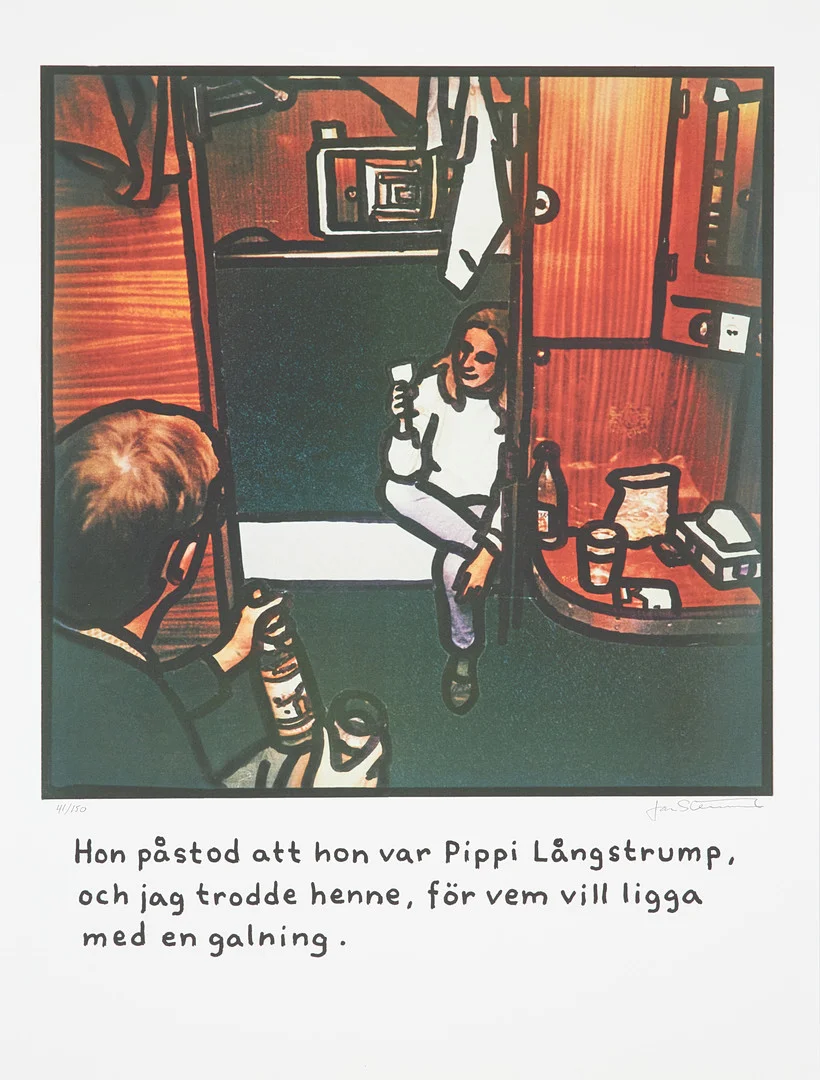 JAN STENMARK. "Hon påstod att hon var Pippi Långstrump...", färgoffset, signerad Jan Stenmark samt numrerad 41/150. — Engravings & Prints — Stockholms Auktionsverk Sickla