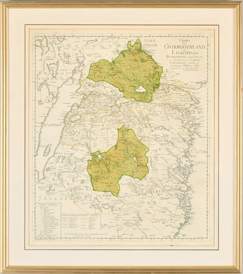 KARTA. "Charta öfver Östergöthland eller Linköpings Höfdingedöme", Nils Marelius, 1779. — Maps — Uppsala Auktionskammare