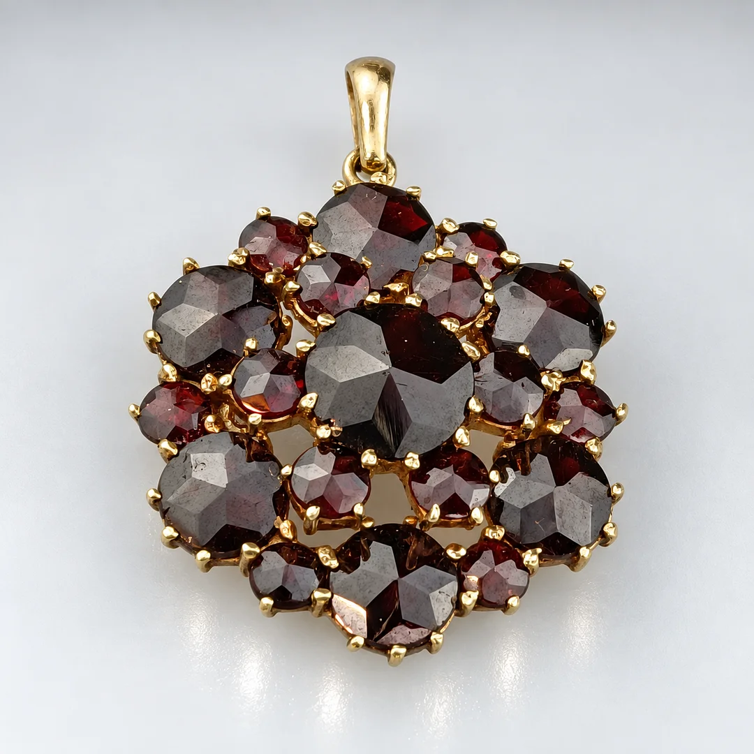 Antiker floraler GRANATANHÄNGER - Gelbgold 333/000. — Brooches & Pendants — Auktionshaus Blank