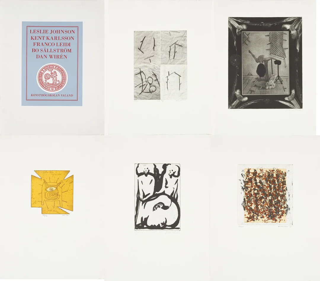 MAPP med 5 grafiska blad av Leslie Johnson, Kent Karlsson, Franco Leidi, Bo Sällström och Dan Wirén, samtliga signerade och numrerade. — Engravings & Prints — Stockholms Auktionsverk Sickla