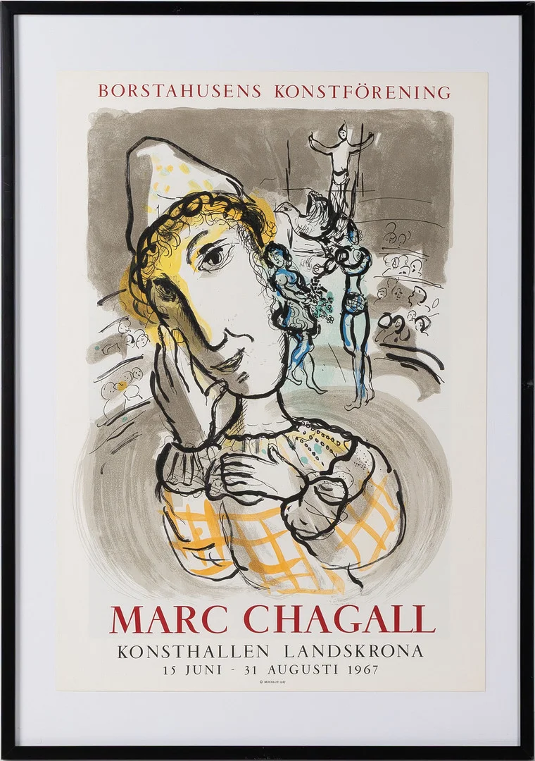 MARC CHAGALL. Originallitografi, "Le cirque au clown jaune", affisch utgiven 1967 i 1000 ex för Borstahusens Konstförening, Mourlot. — Engravings & Prints — Stockholms Auktionsverk Helsingborg