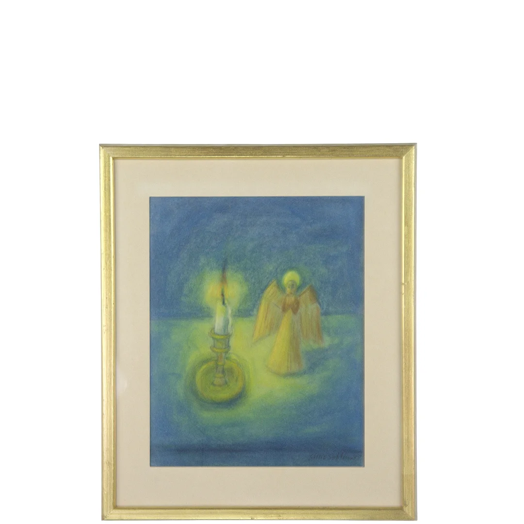GILLIS SAHLIN. Blandteknik på papper, ängel och ljusstake, signerad. — Paintings — Höörs Auktionshall
