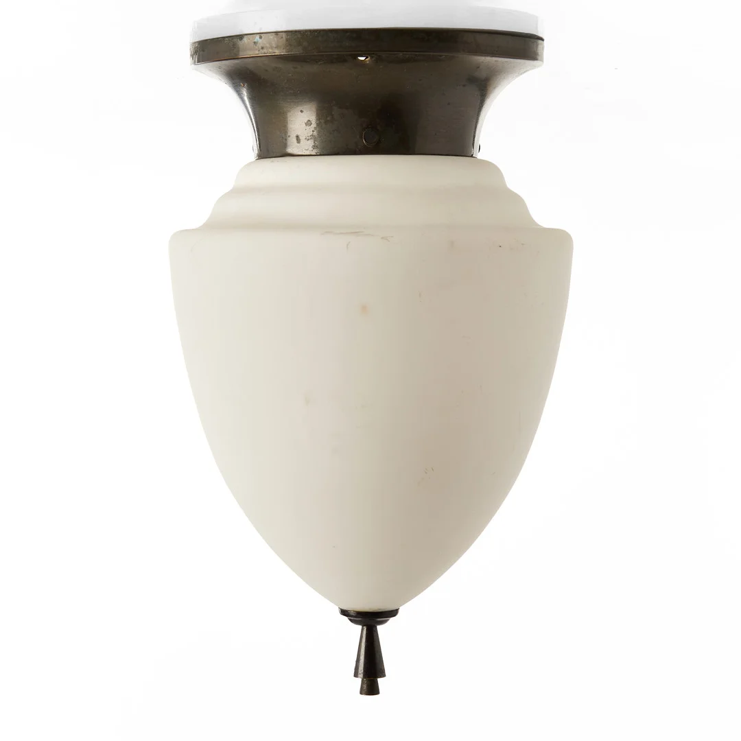 HARALD NOTINI (1879–1959). Taklampa, modell '6389', Böhlmarks Lampfabrik, fäste i mörkpatinerad mässing, kupa i vitt matterat opalglas, 1920/30-tal. Swedish Grace. — Ceiling lights — Crafoord Auktioner Stockholm