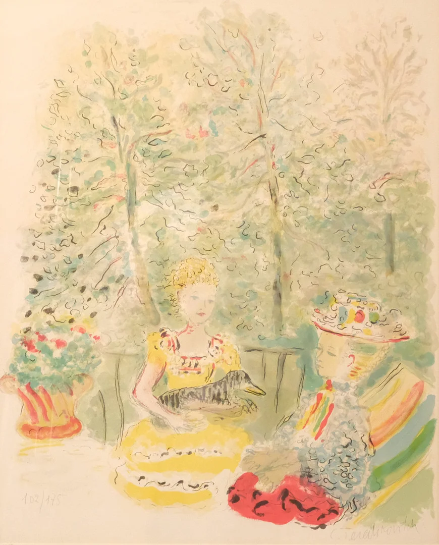 CONSTANTIN TERECHKOVITCH, "KOSTIA TERECHKOVITCH". LITOGRAFI. PARKMOTIV MED SITTANDE DAMER OCH HUND. — Engravings & Prints — Björnssons Auktionskammare